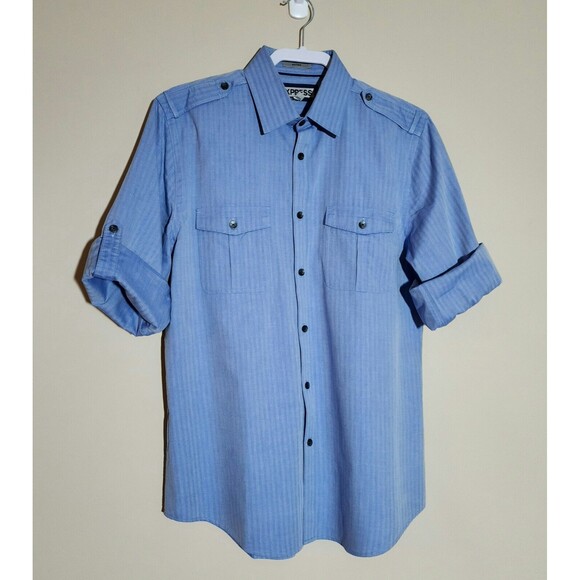 Express Mens Fitted Cotton Herringbone Shirt M Blue Button-Down Roll-Up Sleeve - Picture 3 of 8